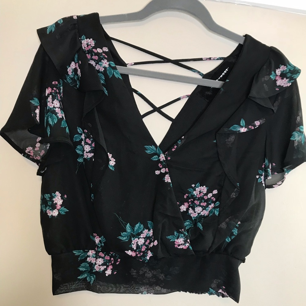 Crop Black blouse with flower designs. Never worn